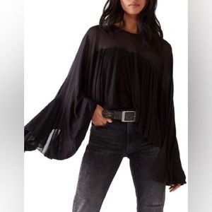 Free People On the Weekend Bell Sleeve Blouse Black NWT